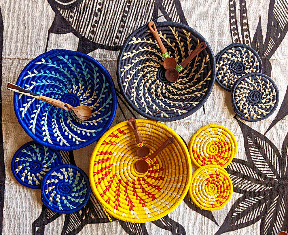 Large Blue White Woven African Basket