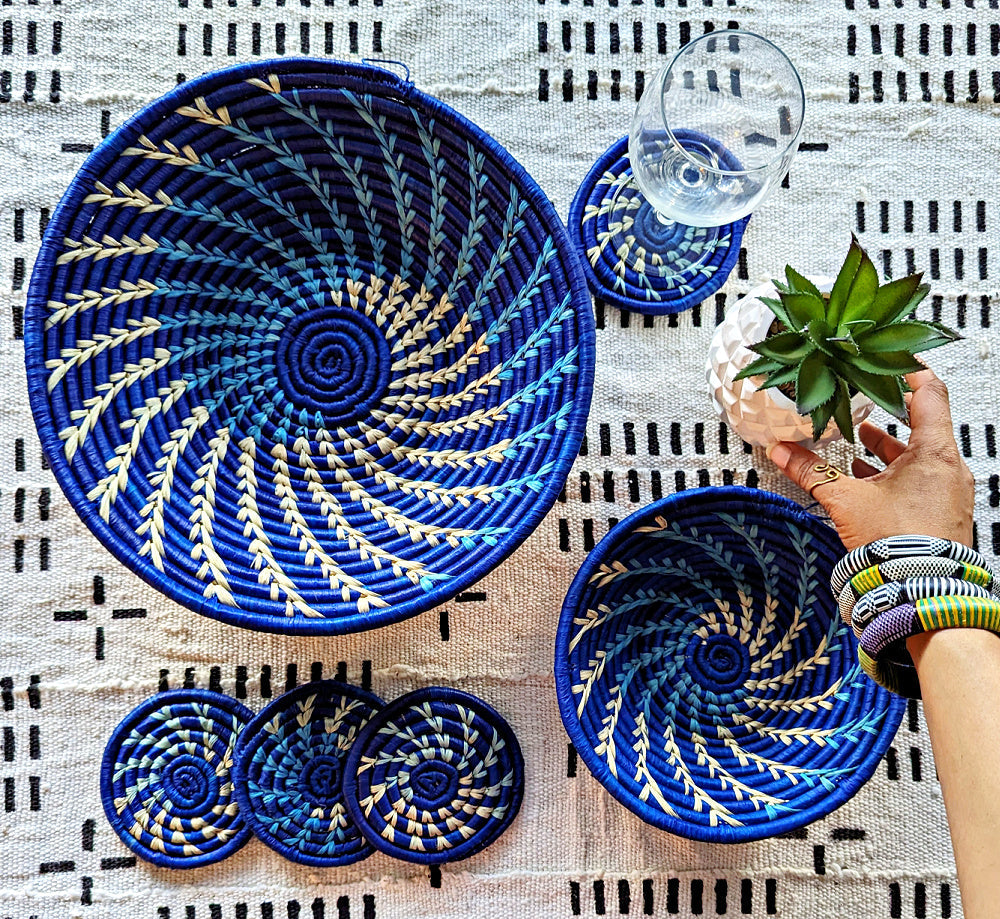 Large Blue White Woven African Basket